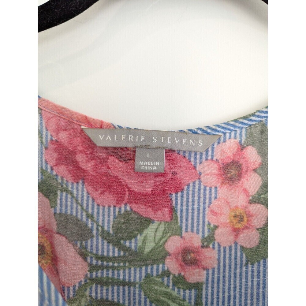 Valerie Stevens Blouse Womens Size L Blue Floral Striped Flowy Boho Hippie Top - Picture 6 of 9
